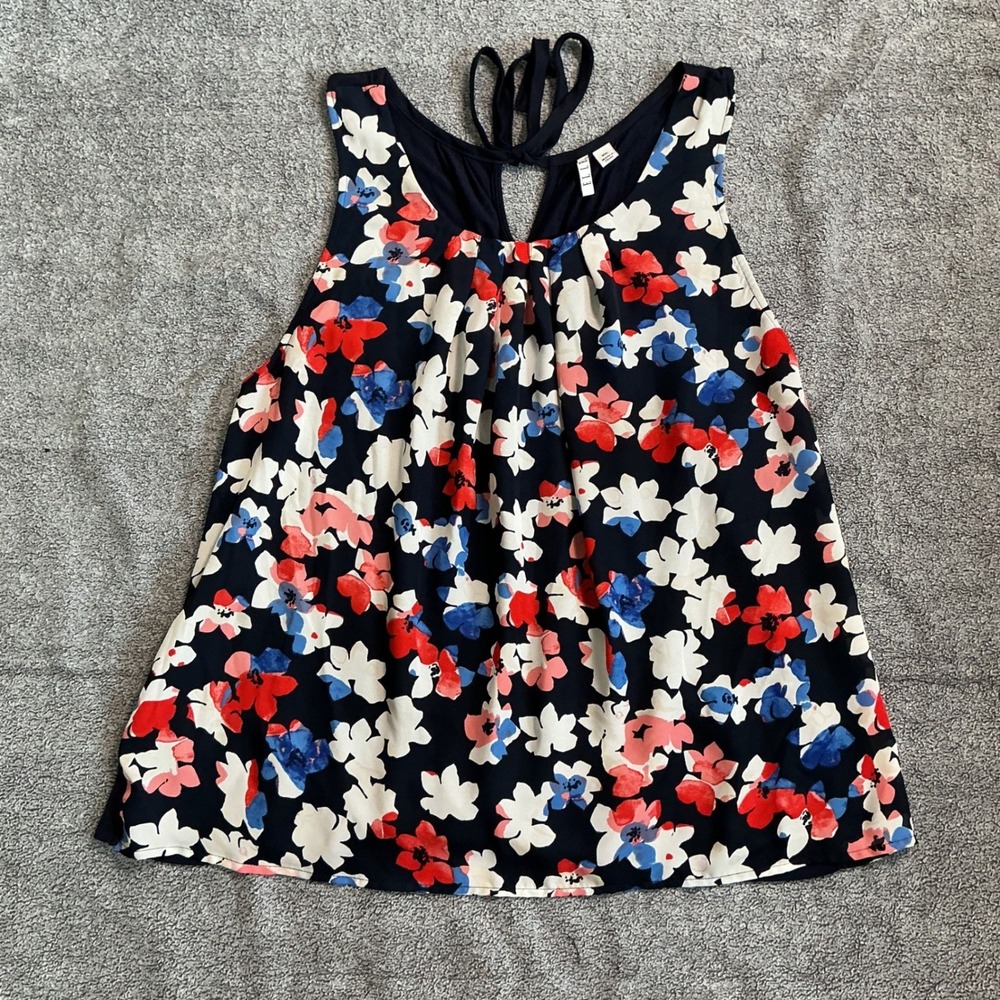 Elle Women XXL Navy Blue Floral Keyhole Tie Back Sleeveless Blouse Top